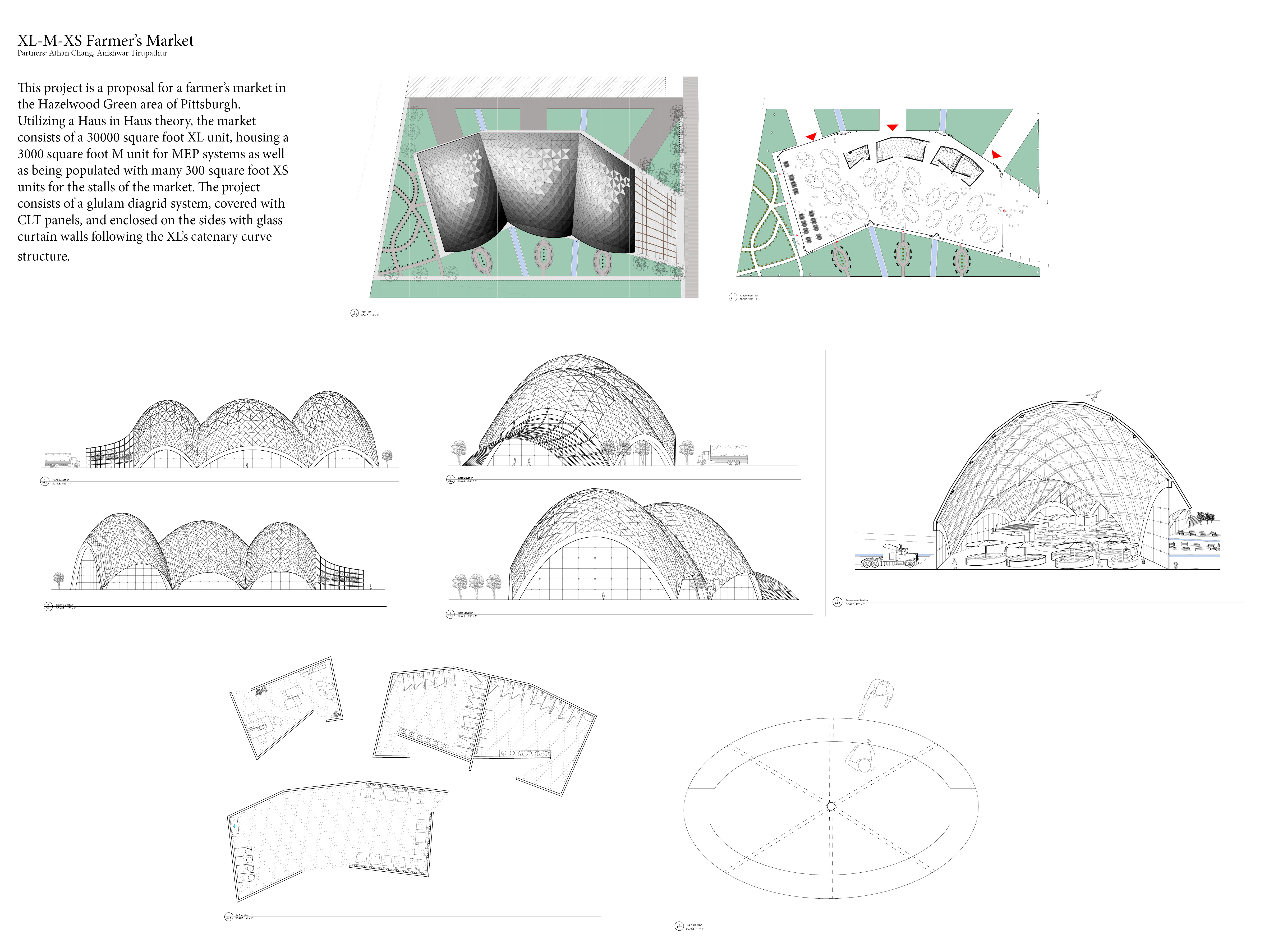 Farmer's market site plan, renderings, and catenary structure studies